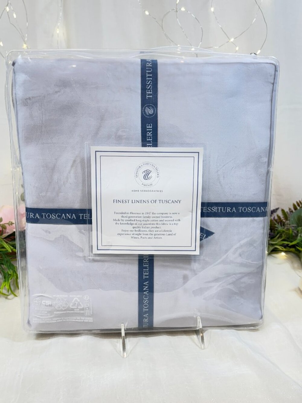 Tessitura Toscana Telerie Queen Sheet Set Blue Gy Cotton Sateen Hemstitch 300TC
